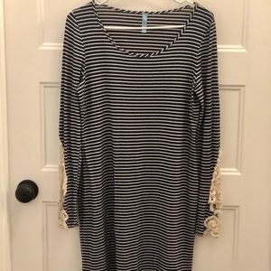 Off White and Navy Striped Form Fitting Dress